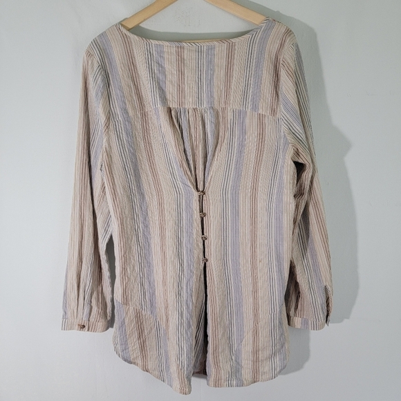 Soft Surroundings Women Tunic Top Sz L Tan Striped Floral Long Sleeve Boho - Picture 3 of 12